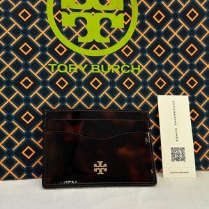 Tory Burch Emerson Tortoise Patent Slim Card Case Tortoise Gold Brown Tan
